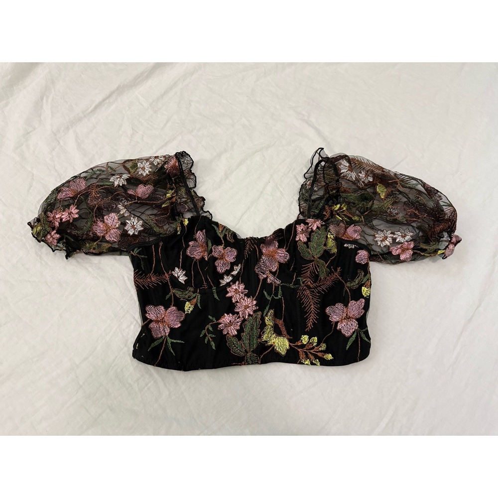 Mesh Corset Crop Top Floral Puff Sleeve Whimsigoth Fairy Dark Romantic Sz L